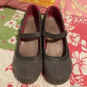 Jambu grey nubuck Mary Jane wedges.